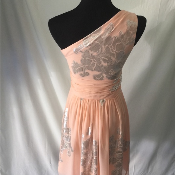 Eliza J🌷peach/silver sheer off shoulder dress Sz4 - Picture 6 of 8